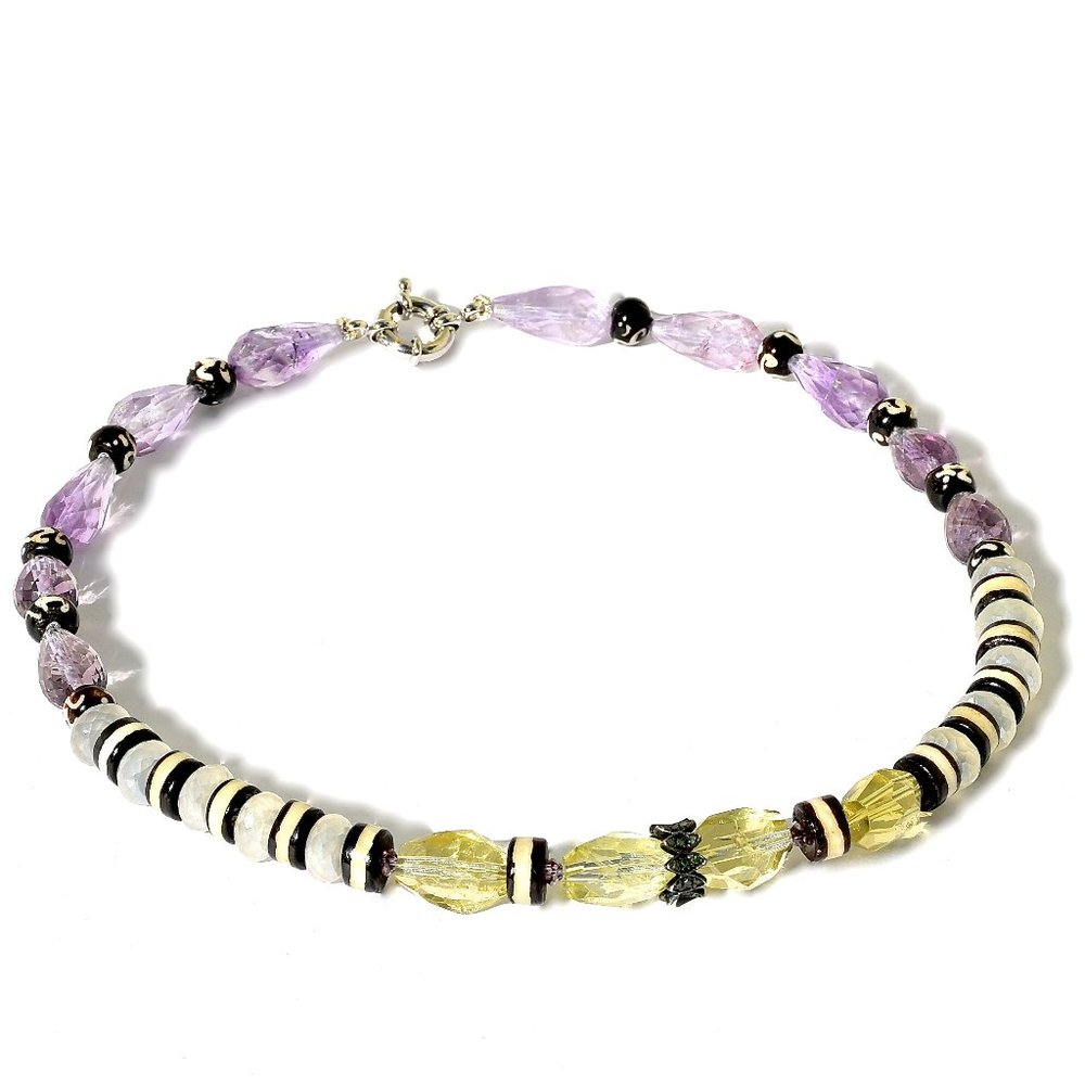 925 Silver Black Diamond Lemon Citrine, Amethyst MoonStone Statement Necklace